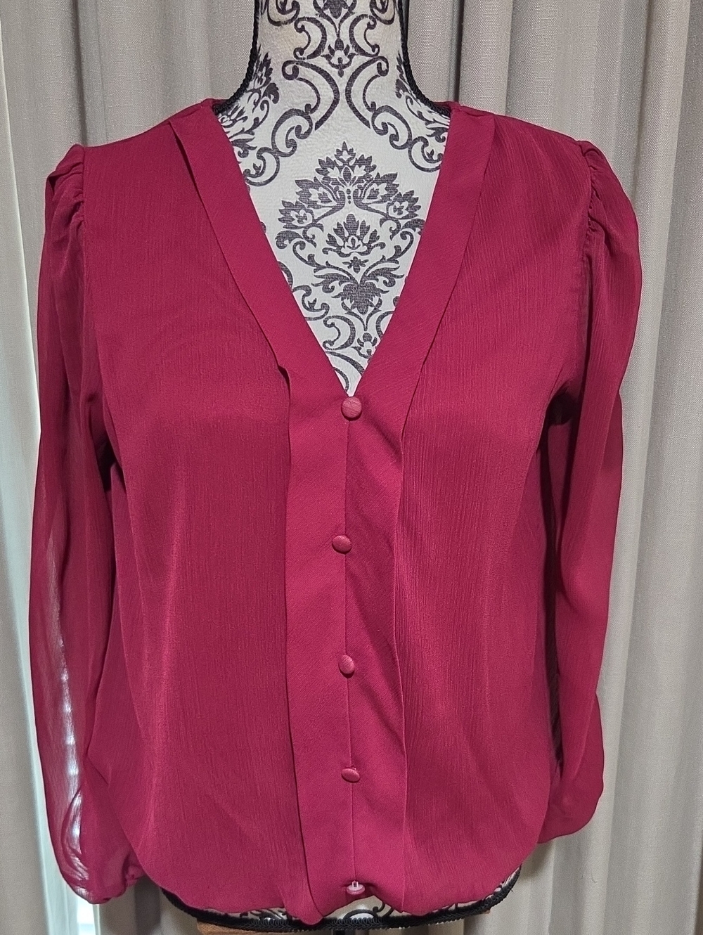 V-Neck Long-Sleeve Blouse in Berry Pink